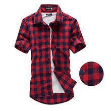 Load image into Gallery viewer, Free-Shipping Red And Black Plaid Shirt Men Shirts 2018 New Summer Fashion Chemise Homme Mens Checkered Shirts Short Sleeve Shirt Men Blouse