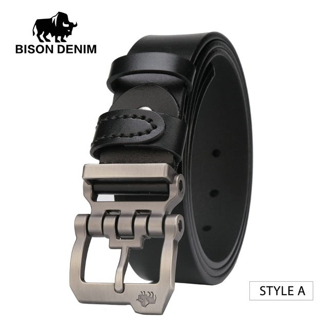 Free-Shipping BISON DENIM genuine leather belt for men gift designer belts men's high quality Cowskin Personality buckle,Vintage jeans N71223