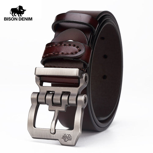 Free-Shipping BISON DENIM genuine leather belt for men gift designer belts men's high quality Cowskin Personality buckle,Vintage jeans N71223