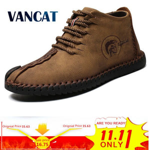 Free-Shipping Vancat Fashion Men Boots High Quality Split Leather Ankle Snow Boots Shoes Warm Fur Plush Lace-Up Winter Shoes Plus size 38~48